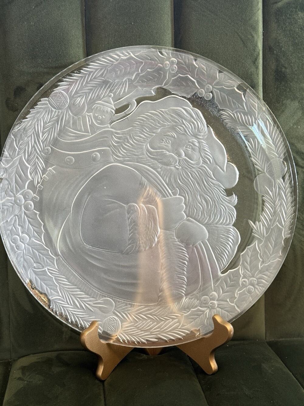Vintage Christmas Platter By Elements Gold Rim 13" Round Clear and Frosted Santa